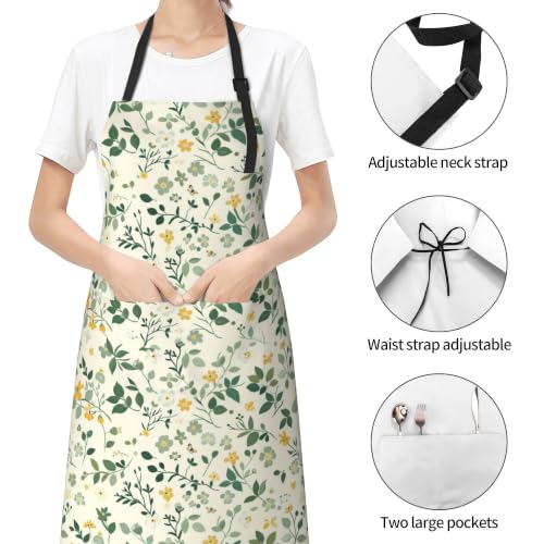 Cream Pastel Wildflower Art Waterproof Apron with Pockets | Garden Aprons for Men Women Adjustable Bib Apron for Cooking Kitchen Baking BBQ Painting Housework Oil Resistant - color: Lemon&leaf Garden