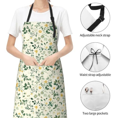 Cream Pastel Wildflower Art Waterproof Apron with Pockets | Garden Aprons for Men Women Adjustable Bib Apron for Cooking Kitchen Baking BBQ Painting Housework Oil Resistant - color: Lemon&leaf Garden