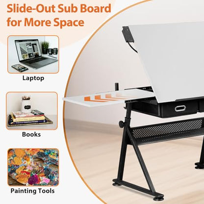 ZENY Adjustable Drafting Table with Stool, Tilting Drawing Desk Artist Table with Storage Drawers, Art Craft Workstation for Home Office Reading, Writing, Crafting (White-with Outlet) - color: White-with Outlet