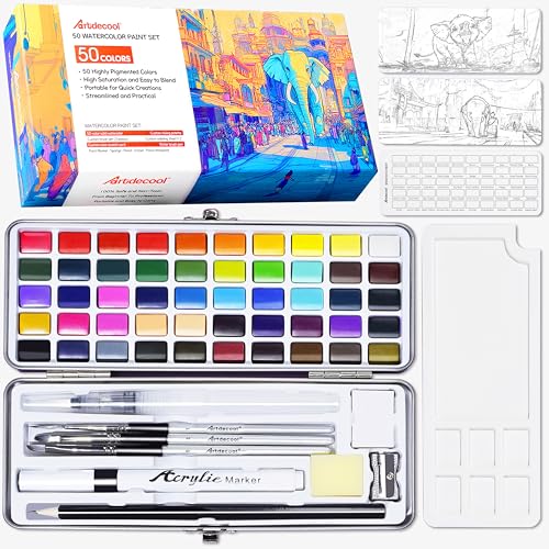 Watercolor Paint Set, 50 Colors, 4 Brushes, 3 Swatch Cards, Palette, Acrylic Marker Pen, and Accessories Included, All in One Portable Travel Watercolor Kit, Art Supplies Gift for Beginners, Adults, Artists, and Hobbyists - color: 50 Colors