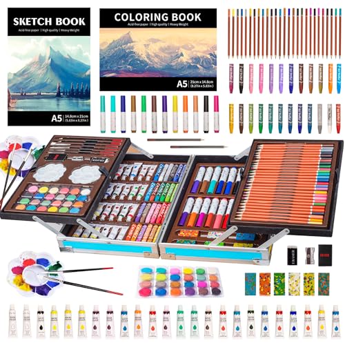 KINSPORY Deluxe Art Supplies Kit for Kids, Boys, Girls, Teens, Ages 5-12, with Sketch Pad, Watercolors, Crayons, Pencils, Markers, Oil Pastels, Palettes, Brushes, Erasers - Blue - color: Blue