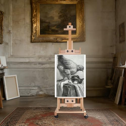 H-Frame Beech Wood Easel, 56-91 Inch Adjustable Height Painting Easel Tilting Flat Floor Art Stand with Lockable Wheels for Sketch Oil Drawing Home Studio Display