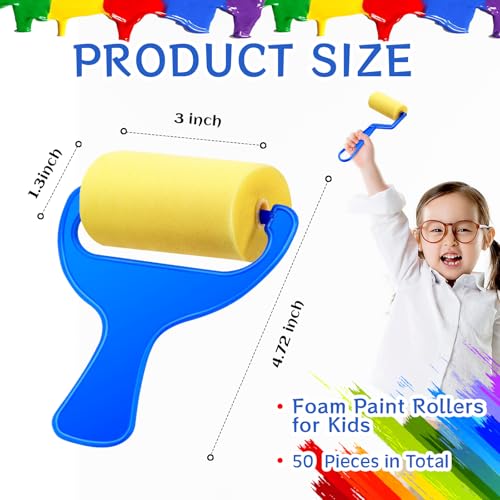 Tenceur 50 Pcs 3" Foam Paint Brushes for Kids Foam Paint Roller Small Sponge Roller with Blue Handle for Young Artists, Reusable & Washable Early Educational Supply for Crafts, Graffiti, DIY Art