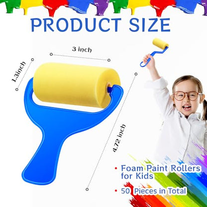 Tenceur 50 Pcs 3" Foam Paint Brushes for Kids Foam Paint Roller Small Sponge Roller with Blue Handle for Young Artists, Reusable & Washable Early Educational Supply for Crafts, Graffiti, DIY Art