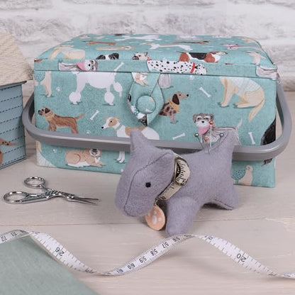 Hobby Gift Medium Sewing Box Organiser, Fabric Covered Storage Box with Handle, Internal Tray, Pin Cushion and Pocket for Sewing, Quilting and Knitting Supplies - color: Dogs
