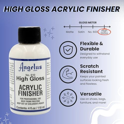 Angelus High Gloss Acrylic Leather Finisher – Flexible Clear Coat for Leather Shoes, Bags, Jackets & Accessories, High Shine Finish for Leather Craft & Restoration. No. 610-4 fl oz