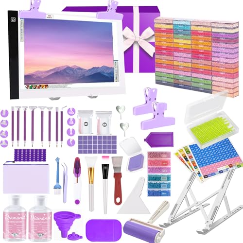 Qlonry 185 Pcs All Inclusive Diamond Painting Tool Kit Diamond Art Accessories Kit Including A4 LED Light Pad Kit,Bracket,Convex Point Design Storage Box,Painting Pen for DIY Craft - color: Purple, size: A4