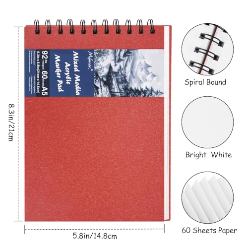 8.3x5.8 Sketch Book, Top Spiral Bound Sketch Pad, 60sheets 92lb/150gsm Bright White Paper, Acid-Free Mixed Media Paper for Painting, Dawing & Art Supplies. B-Red - color: TopSpiral-BrightWhite-Red