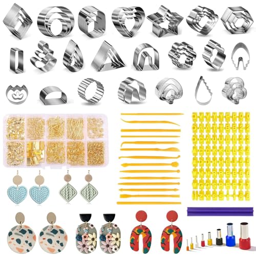 Fesorsi 782 Pcs Clay Earring Making Kit, 49 Polymer Clay Molds Stainless Steel, Polymer Clay Tools with 8 Circle Cutters, 1 Clay Letter Stamps and 710 Pcs Earring Accessories for DIY Jewelry - color: Steel 49 Shapes
