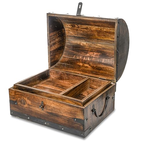 Happenings Treasure Chest Box with Removable Tray, Wooden Treasure Box for Storage, Keepsakes & Jewelry, Vintage Pirate Chest Decor, Solid Hardwood Decorative Storage (Large - 14x10x10 inches) - size: Large - 13x10x10 inches