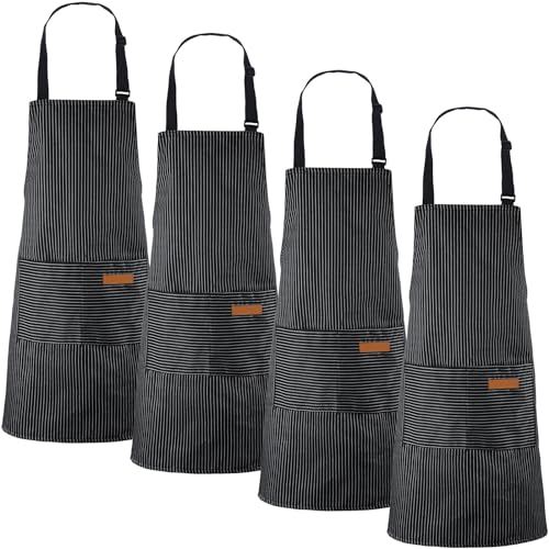 Handepo 4 Pcs Kitchen Aprons with Pockets Adjustable Waterproof Cotton Aprons Striped Apron for Women Men Chef Gift for Dad - color: Black