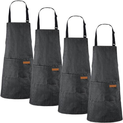 Handepo 4 Pcs Kitchen Aprons with Pockets Adjustable Waterproof Cotton Aprons Striped Apron for Women Men Chef Gift for Dad - color: Black