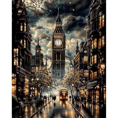 HITIRECOVI Streetscape Paint by Number Adult,Canvas Paint by Numbers for Adults Rainy Night,DIY Acrylic Oil Paint by Number for Adults for Home Decor Gifts 16x20 Inch - color: rainy streetscape, size: 16×20in(Frameless)
