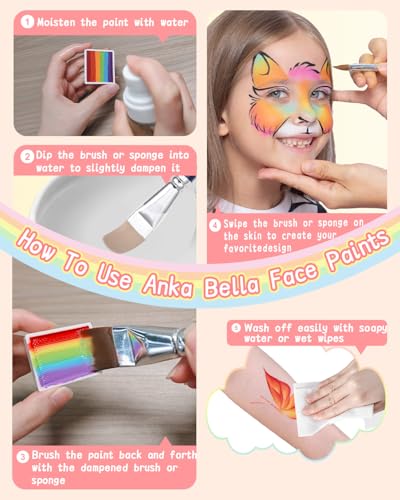 Anka Bella Professional Washable 24x10gm Face Paint for Kids & Adults,Water Based One Stroke Split Cake Face Painting Kit with Brushes,Non toxic ,Ideal for Easter/Parties/Halloween/Carnival - color: Multicolor