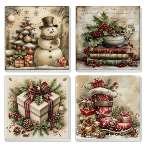 HEIBAGO 4 Pack Christmas Framed Paint by Numbers Kit for Beginner, Cute Retro Adult Paint by Number Kits, DIY Painting by Numbers for Adults, Small Easy Acrylic Oil Painting for Wall Decor 8 x 8 Inch - color: BK4ZH002