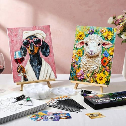 Cholemy 36 Pcs Paint and Sip Kit for Adults 8''x10'' Pre Drawn Canvas for Painting DIY Afro Acrylic Painting Kit Wood Easel Brushes Date Night Bulk for Summer 4th of July Party Gift(Flower Animals A) - style: Flower Animals A