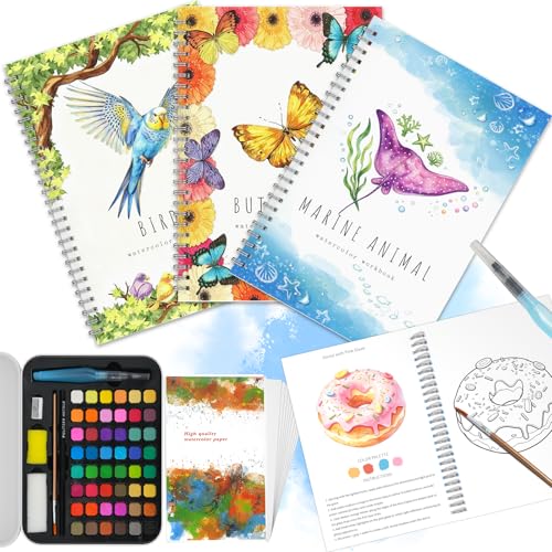 Water Coloring Book for Beginners, 30 Different Patterns and 48 Colors Watercolor Paint Set with Brush & Storage Box, DIY Watercolor Practice Book Creative Gift for Adults（Animal） - color: Blue