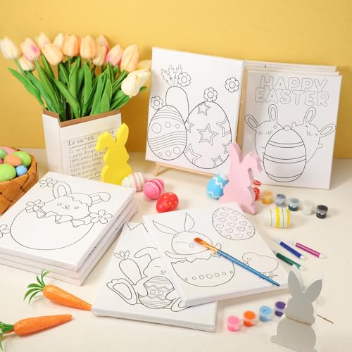Zhanmai 72 Pcs 12 Sets Sip and Paint Kit Pre Drawn Canvas for Painting 8" x 10" Paint Party Canvas Painting Pre Printed Canvases for Party Favor DIY Virtual Adult's Date Night(Bunny Eggs) - style: Bunny Eggs