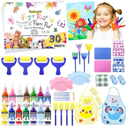 88 PCS Washable Finger Paint Set for Toddlers , 14 Colors Kids Paint Kit with Finger Paint Paper, Brushes, Rolling Tools, Cute EVA Templates, Waterproof Aprons & Palette — Non-Toxic Toddler Painting Set - color: 14 Colors