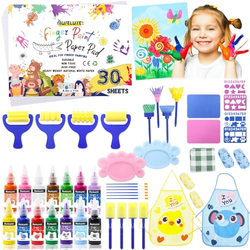 88 PCS Washable Finger Paint Set for Toddlers , 14 Colors Kids Paint Kit with Finger Paint Paper, Brushes, Rolling Tools, Cute EVA Templates, Waterproof Aprons & Palette — Non-Toxic Toddler Painting Set - color: 14 Colors