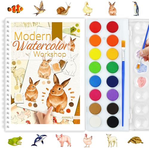 Beginners Watercolor Workbook for Adults -Step-by-Step Coloring Book Set-12 coloring book pages - Includes 16 color blocks and a brush - Professional Watercolor Paper: 300gsm/140lb (Animals) - style: Animals
