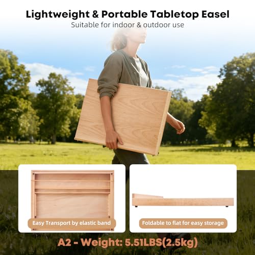 A2 Wooden Tabletop Easel for Painting, 25.6" x 18.9" | Adjustable 5-Position Table Top Easel for Painting, Desktop Artist Painting Easel with A3 Sketch Paper for Adults, Students - size: A2(25.6"x18.9")