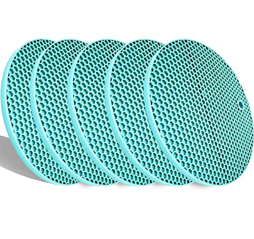 5 Pcs Round Silicone Trivets Pot Holder Mats,Extra Thick Heat Resistant Kitchen Countertop Mats,Honeycomb Rubber Hot Pads Trivets for Hot Dishes,Flexible Jar Opener Multi-Purpose Coasters Teal - color: Teal
