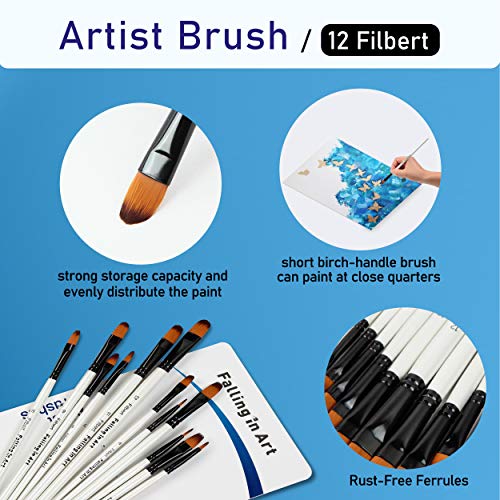 Falling in Art Paint Brushes Set, 12 PCS Nylon Professional Filbert Paint Brushes for Watercolor, Oil Painting, Acrylic, Face Body Nail Art, Crafts, Rock Painting - size: 12 Pcs Filbert Nylon