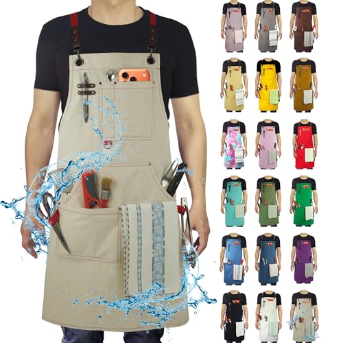 Work Aprons with Multiple Pockets, Waterproof Canvas for Cooking, Painting, Crafting, Gardening, Sizes M to XXL, Colorful Spots - color: Colorful Spots
