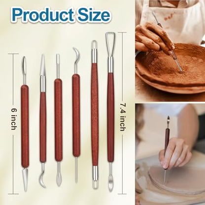 Amrules Clay Tools Kit, 6 PCS Red Wooden Clay Sculpting Tools, Double Head Practical Polymer Tool Set Suitable for Adults, Pottery Craft, Carving, Modeling and Shaping - color: Red-Sculpting-6Pcs