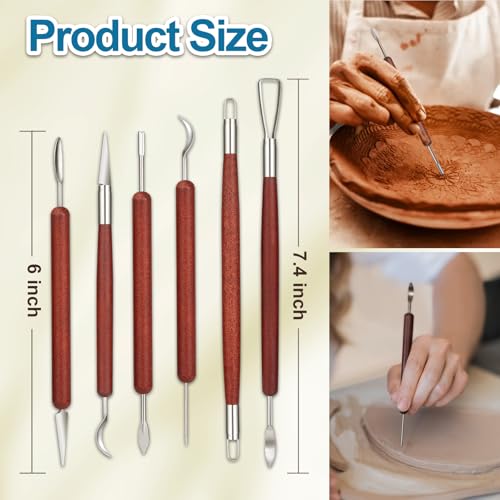 Amrules Clay Tools Kit, 6 PCS Red Wooden Clay Sculpting Tools, Double Head Practical Polymer Tool Set Suitable for Adults, Pottery Craft, Carving, Modeling and Shaping - color: Red-Sculpting-6Pcs