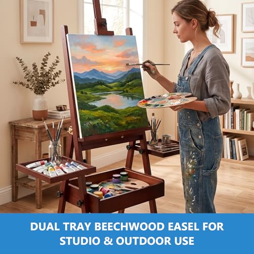 Large Wooden Painting Easel with Storage Drawer and Palettes, H-Frame Studio Easel Stand Holds Canvas up to 36 Inches, Suitable for Adults, Beginners, and Artists, Walnut - style: Walnut