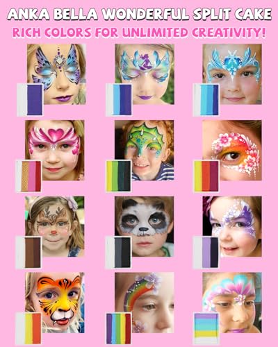 Anka Bella Professional Face Painting Kit for Kids,12X10gm Water Based Split Cake Face Paint with Stencil & Brushes,Hypoallergenic & Non-Toxic,Gift for Birthday Parties/Halloween/Carnival - color: Rainbow Falls set