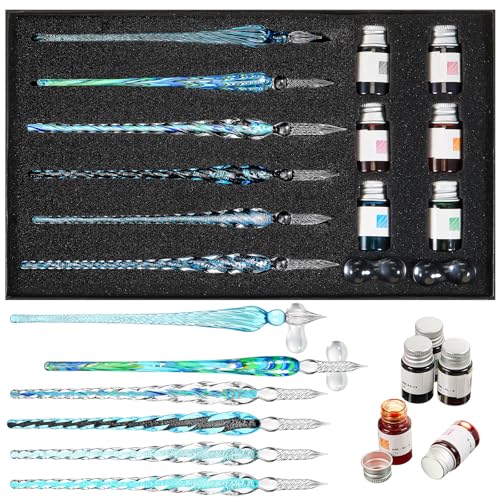 Zonon Glass Dipped Pen Ink Set 14 Pcs Crystal Signature Calligraphy Include 6 Pcs Glass Dip Pen 6 Colorful India Ink and 2 Holder for Art Writing Gift(Blue Color System) - color: Blue Color System