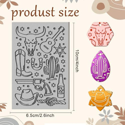 CHGCRAFT Cowboy Elements Clay Texture Mat Western Horseshoe Patterns Polymer Texture Sheets DIY Tools for Clay Pottery Earring Jewelry Making Stamp Engraving Machines, 3.9x2.6inch - style: Cowboy