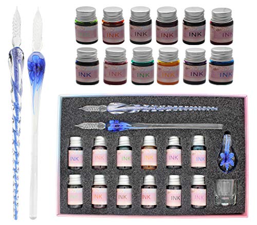XIAOYU Glass Dip Pen Ink Set, 16 Pieces Calligraphy Pens Set - 12 Colorful Inks, Pen Holder, Cleaning Cup, 2 Crystal Glass Pens for Writing, Signature - Dark Blue - color: Dark Blue
