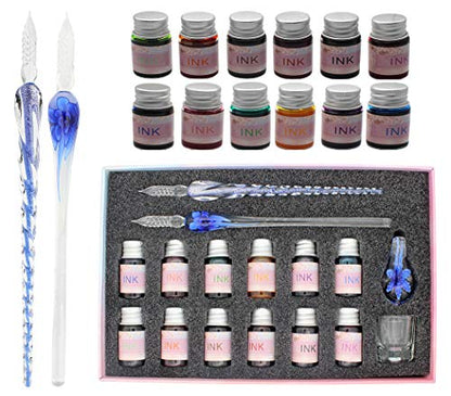 XIAOYU Glass Dip Pen Ink Set, 16 Pieces Calligraphy Pens Set - 12 Colorful Inks, Pen Holder, Cleaning Cup, 2 Crystal Glass Pens for Writing, Signature - Dark Blue - color: Dark Blue