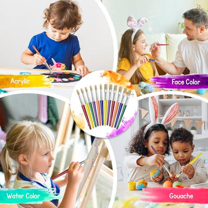 4E's Novelty 12Pcs Kids Paint Brushes, Thick Round & Flat Paint Tools for Kids Arts & Crafts, Preschool Toddler Paint Brush for Acrylic Paint, Teachers Classroom Supplies