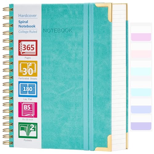 Spiral Notebook, 365 Page Hardcover Leather Notebook Journal, Large B5 Lined Journal for Women Men, College Ruled Notebooks for Work School, Journals for Writing, 24pcs Index Tabs, 8" x 10", Teal - color: Teal, size: 8" x 10"