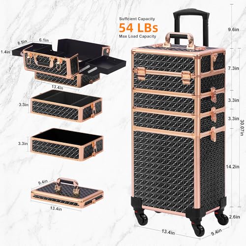 Somduy Rolling Makeup Case, Makeup Train Case with Lid, 5 in 1 Cosmetology Case on Wheels, Christmas Gift, Large Makeup Organizers, Profesional Cosmetic Case for Salon Barber, Black gold - color: Black gold