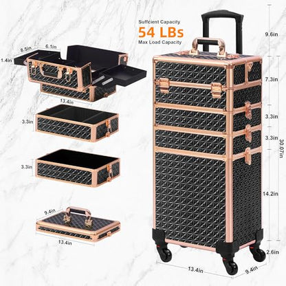 Somduy Rolling Makeup Case, Makeup Train Case with Lid, 5 in 1 Cosmetology Case on Wheels, Christmas Gift, Large Makeup Organizers, Profesional Cosmetic Case for Salon Barber, Black gold - color: Black gold