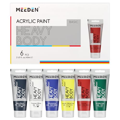MEEDEN Heavy Body Acrylic Paint - Basic Satin Finish 6 x 60ml (2 oz) Primary Color Paint Set for Adults - Rich Pigment Art Craft Paints for Wood Glass Ceramic Painting Halloween Pumpkin Decoration - color: 6 Colors, size: Set