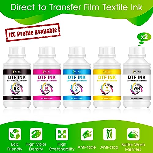 CenDale Premium DTF Ink 3000ML - DTF Transfer Ink for PET Film, Refill DTF Ink for Epson ET-8550, L1800, L800, XP15000, R2400, P400, P800, Heat Transfer Printing Ink Direct to Film (500ml x 6, CMYK W - color: 2 WH,CMYK, style: DTF Ink