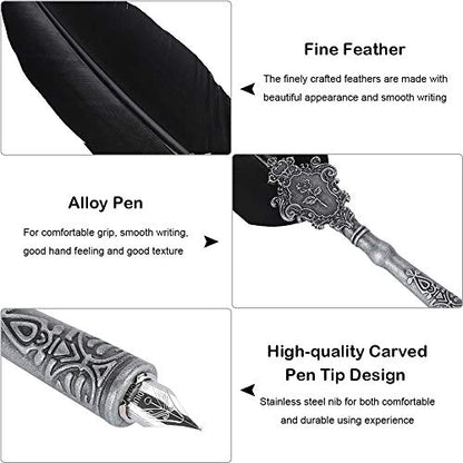 Quill Dip Pen European Retro Quill Gift Box Set Alloy Writing Calligraphy Pens Set with Pen Nibs Gift Box Quill Set with Ink Bottle, Friends, Teachers(Black)