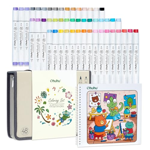 Ohuhu Honolulu B 48 Colors Alcohol Markers with Coloring Book, AP Certified Brush & Fine Dual Tip Refillable Art Markers for Adult Coloring, Illustration, Stress Relieving Gift for Artists