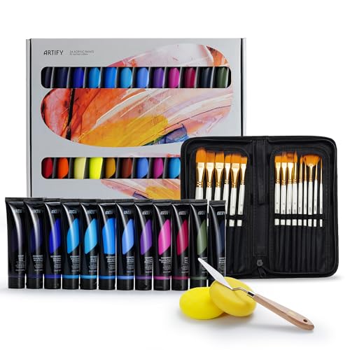 ARTIFY Heavy Body 24 Colors Acrylic Paint Set, 24 Colors with 15 Pieces Synthetic Brushes Set, Includes Bonus Sponge, Palette and Knife for Beginners - color: 24 Colors