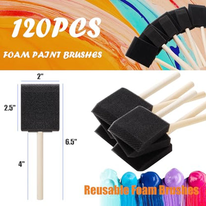 120 Pcs Foam Paint Brushes, 2 Inch Foam Brush for Painting, Bulk Sponge Brushes with Wood Handles, Art Paintbrushes Set for Staining, Varnishing, Finishing, Touchup and DIY Craft Projects - size: 2 Inch-120Pcs