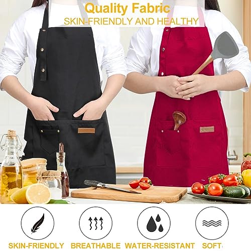 Kitchen Cooking Apron for Women Men with Big Pockets Canvas Waterproof Aprons for Server Pottery Artist Chef Apron - color: Red