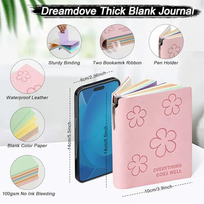 Thick Blank Journal Notebook 400 Pages With Pen Holder 100gsm Thick Color Blank Pages ， A6 Unlined Plain Sketchbook ，No Lines Soft Leather Small Blank Notebook For Women Drawing Book Memo Writing Sketch Diary Hardcover Notebook3.9 × 5.5 (Everything Goes W