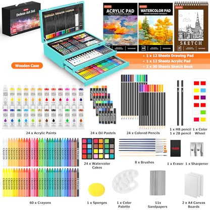 Soucolor Art Supplies, 192-Pack Deluxe Art Set Drawing Painting Supplies Art Kit with Acrylic Pad, Watercolor Pad, Sketch Book, Canvases, Acrylic Paint, Crayons, Pencils, Gifts for Artists Adults - color: Teal